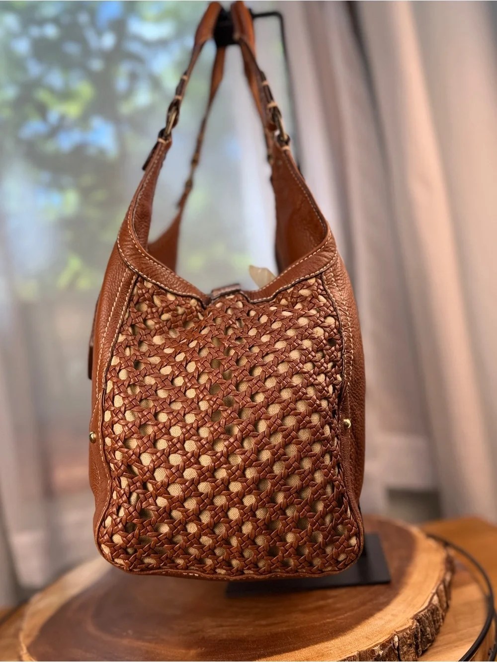 Cole Haan Paige Cognac Brown Woven Leather Hobo Shoulder Bag Gold Hardware EUC
